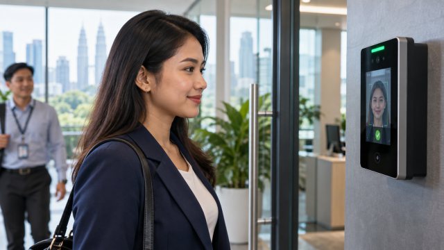 Employee checking in with a facial recognition attendance terminal