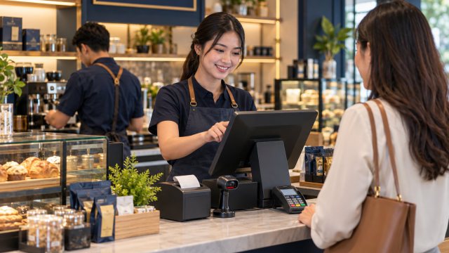 Cashier serving a customer with a modern POS system