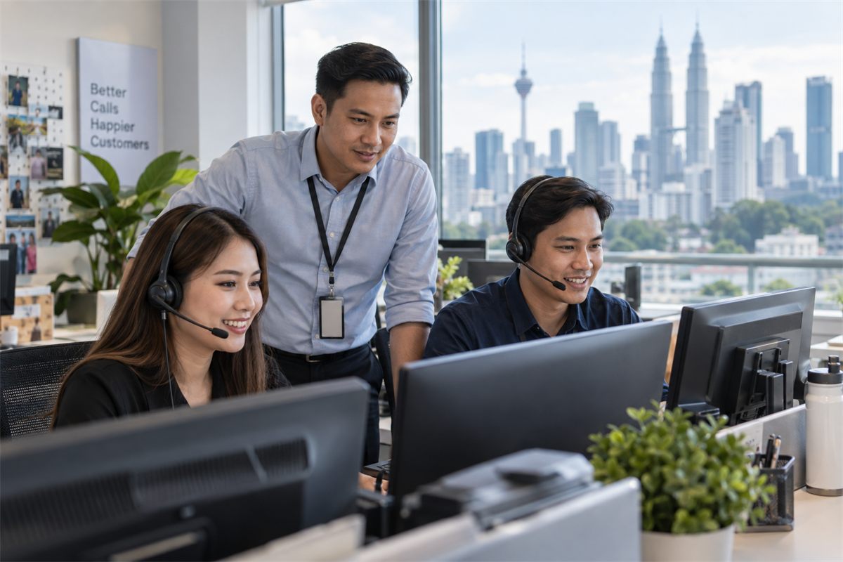 Malaysian customer-service agents and supervisor working with headsets in an office call center
