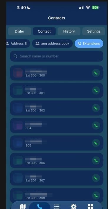 BizCloud app contacts screen listing colleagues and their extensions