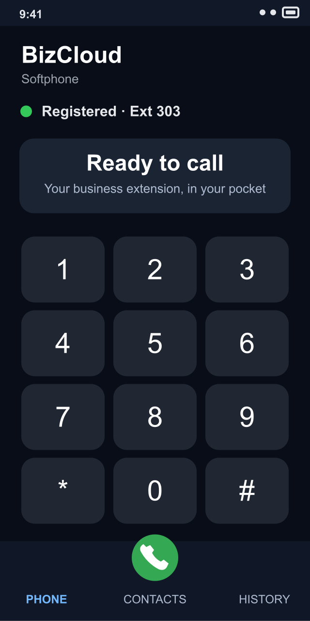 Illustrative BizCloud softphone dialer showing a registered extension and call keypad