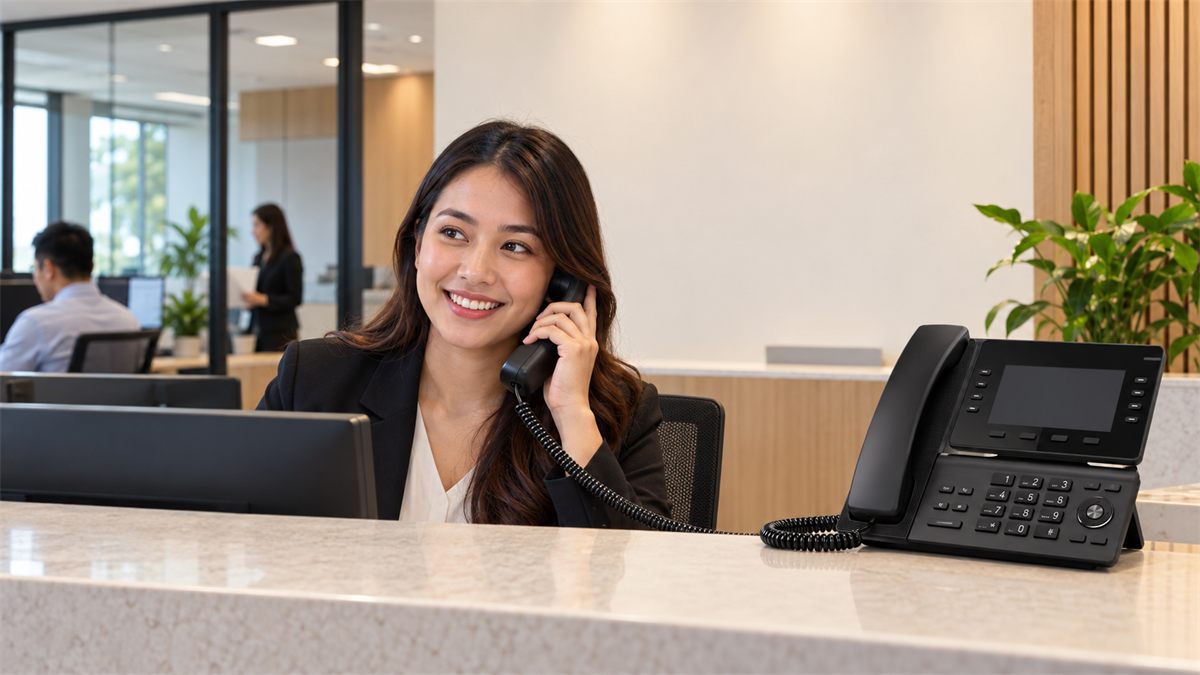 Receptionist answering a multi-line office desk phone in a Malaysian business